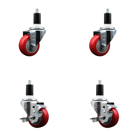 Service Caster 3'' Red Poly Wheel Swivel 1-3/8'' Expanding Stem Caster Set 2 Brakes, 4PK SCC-EX20S314-PPUB-RED-2-TLB-2-138